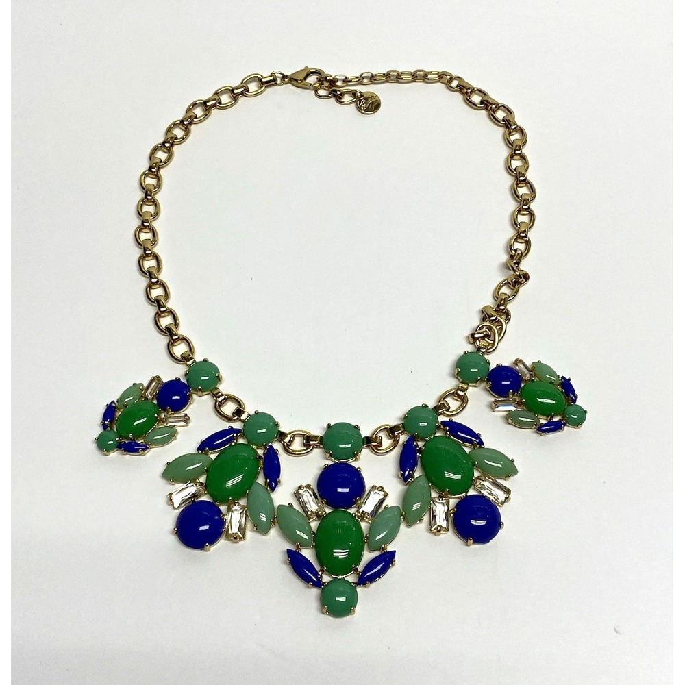 Stella & Dot Gold Tone Statement Chain Necklace Green/Blue Cabochons Adjustable